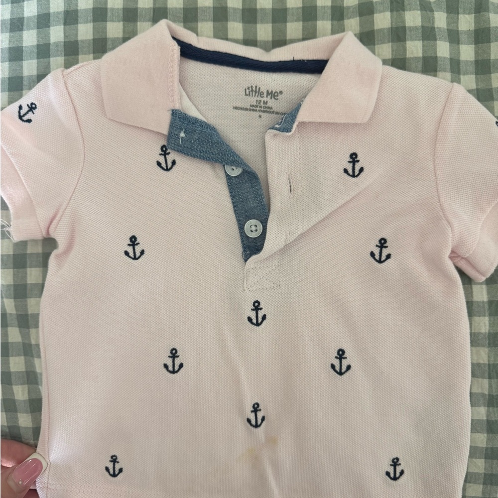Little Me Light Pink Polo with Navy Anchors